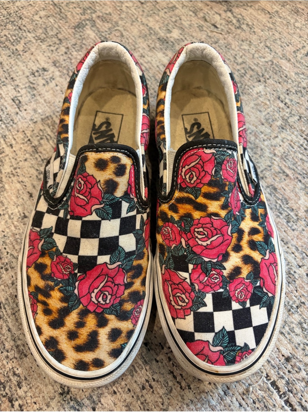 Vans Slip-On Floral Leopard Check Canvas Shoes - Pink/Black/Yellow